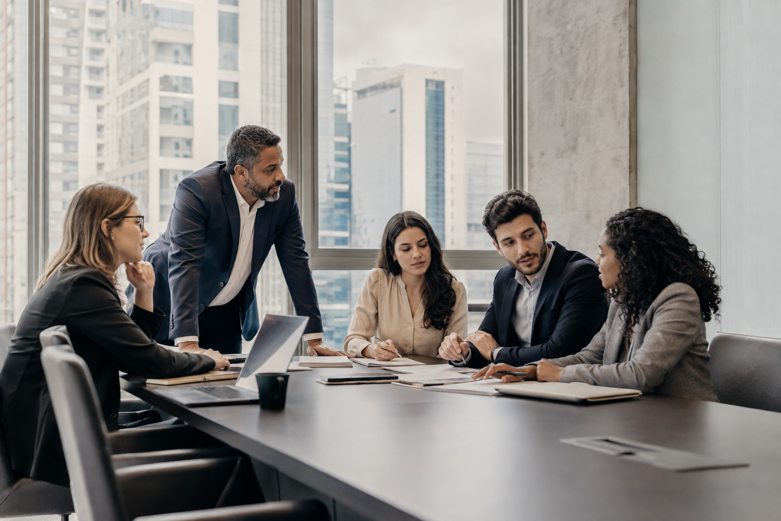 Ambiente empresarial com equipe em reunião